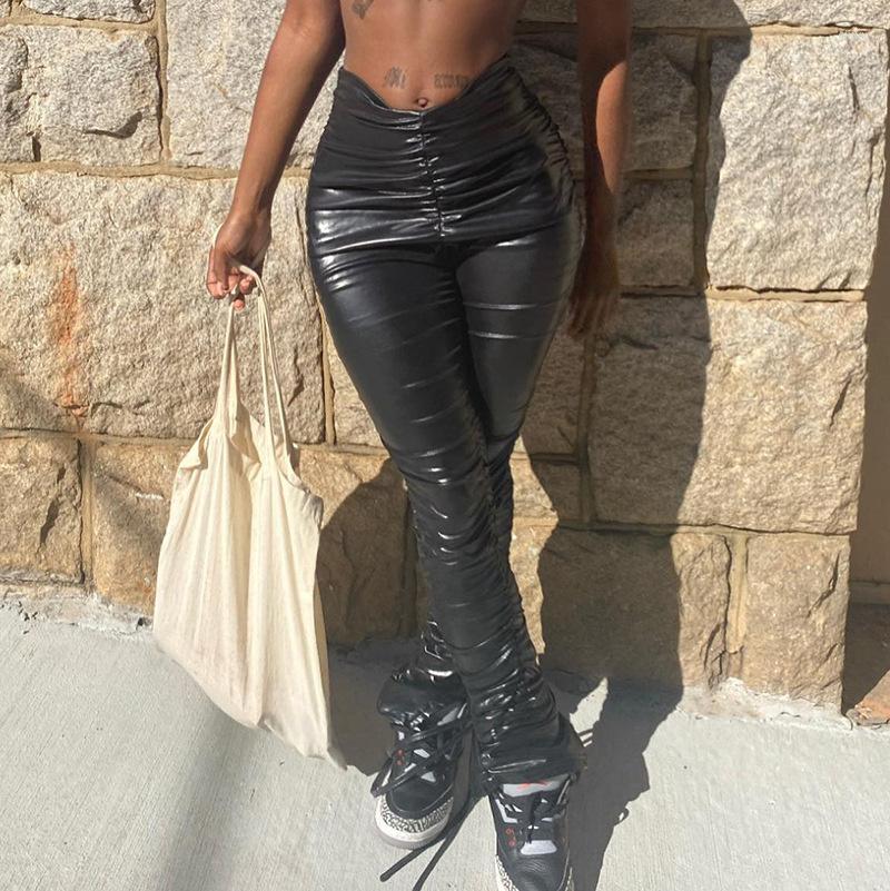 

Women' Pants Zabrina Long Vintage Korean Fashion Y2K Pu Leather Trousers Ruched Sexy High Waist Legging Streetwear Trouser Autumn Women, Black