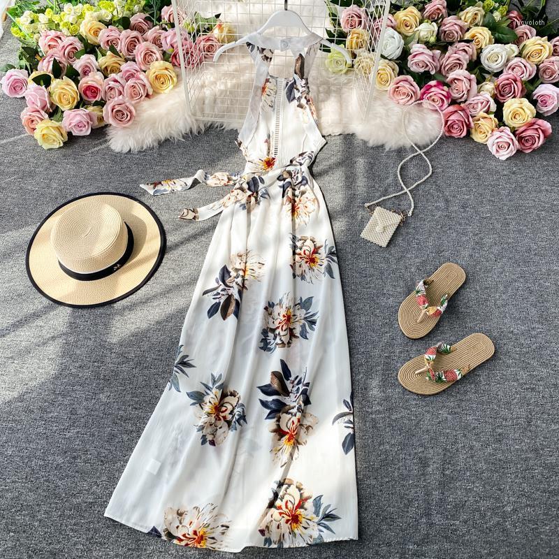 

Casual Dresses Bohemian Summer Beach Women Halter Long Dress White Sexy Sleeveless High Waist Chiffon Maxi Vestidos Robe