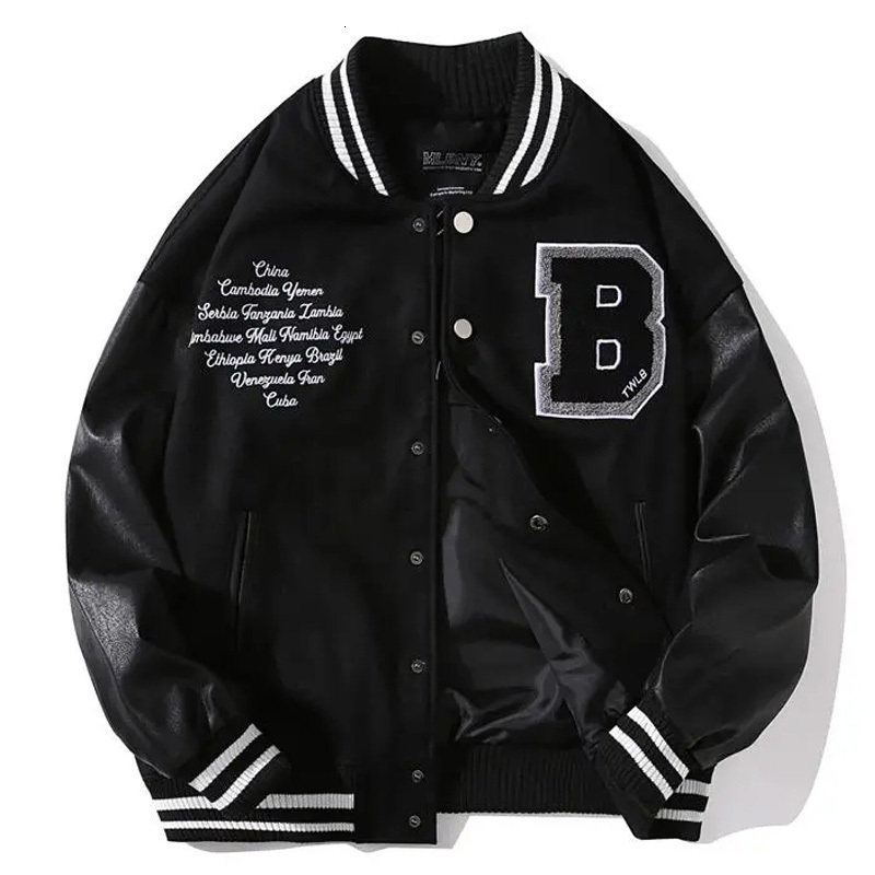 

Men's Jackets Spring Fall Stitching Leather Sleeve Bomber Jacket Letter Embroidered Black Baseball Uniform Men Women Couple Casual Streetwear 230213