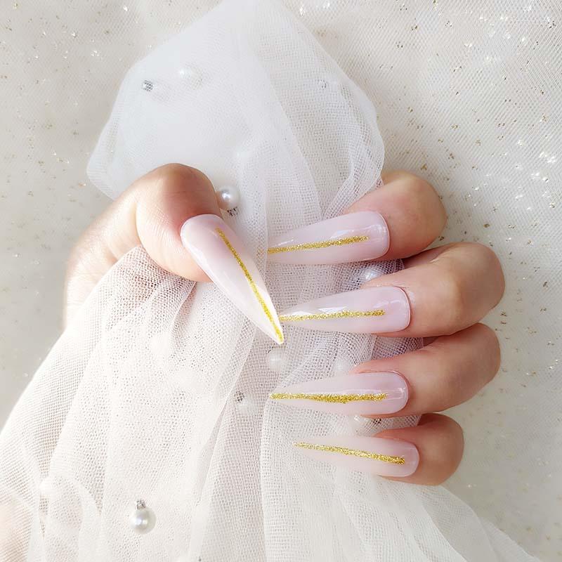 

False Nails 24Pcs/Box Light Pink Gold Decorated Wearable Fake Parts Suitable Fairy Girl Summer Hand Decoration Nail Tips J22