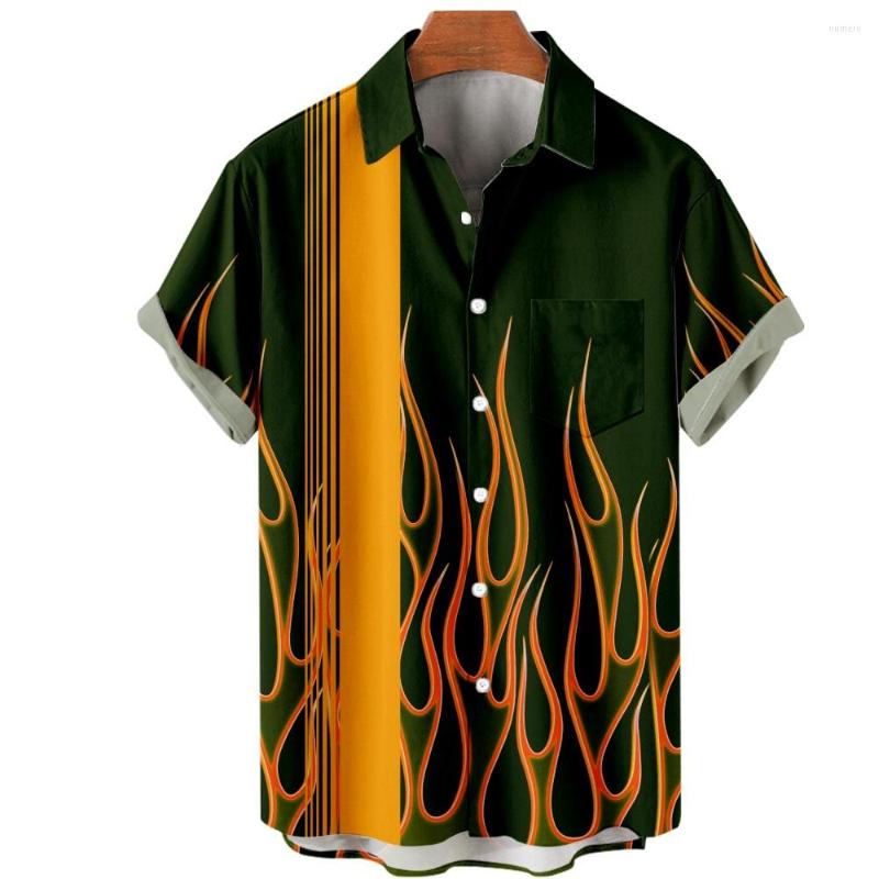 

Men's Casual Shirts Fashion Harajuku Summer Button Shirt Men's Hawaiian Flame Print Tops Short Sleeve Beach Holiday Clothing