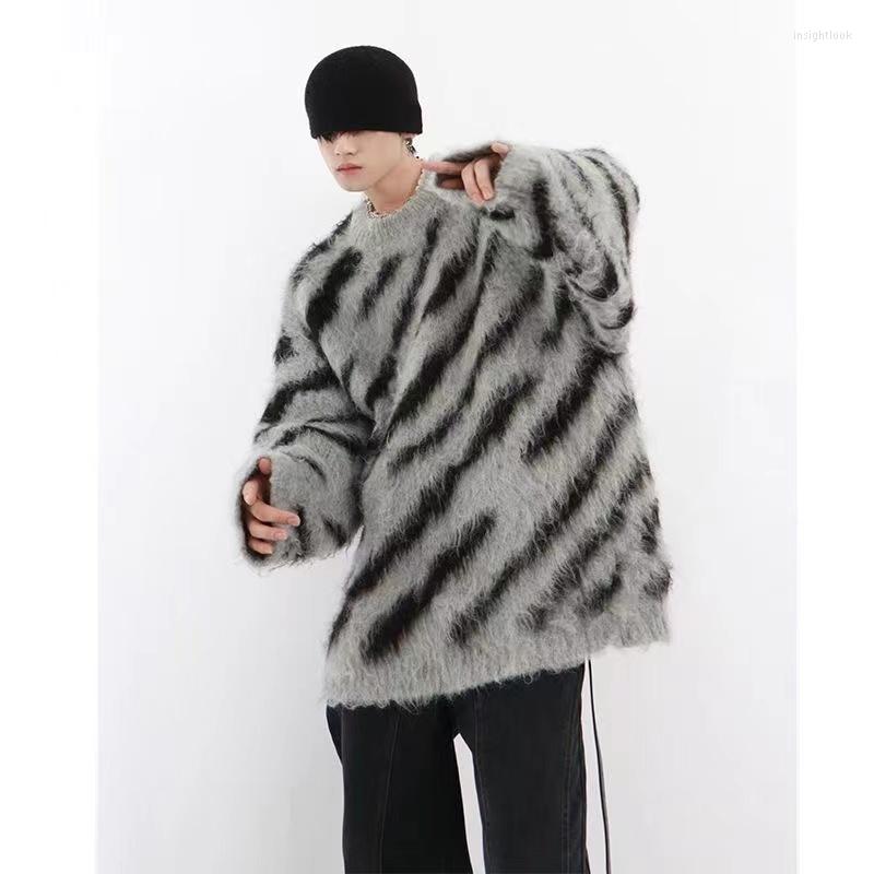 

Men's Sweaters Color Irregular Contrast Zebra Pattern Sweater For Men And Women Autumn Winter Loose Pullover High Street Oversize, Gray