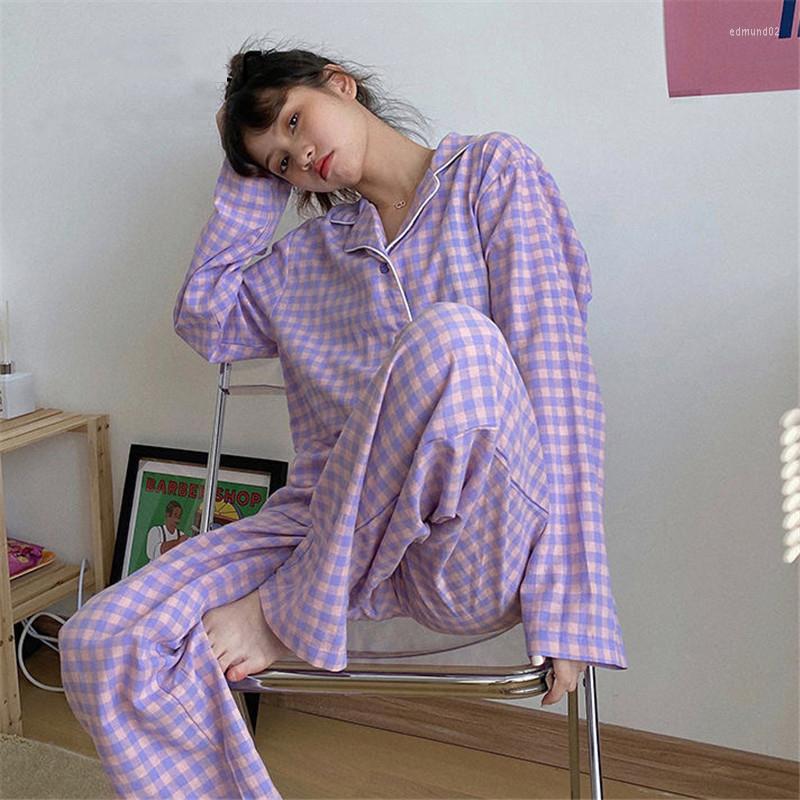 

Women's Sleepwear 2023 Korean Purple Grid Girls Pajamas Set Cute Long Sleeve Leisure For Women Loose Nightwear Homewear Suit Clothing, Green