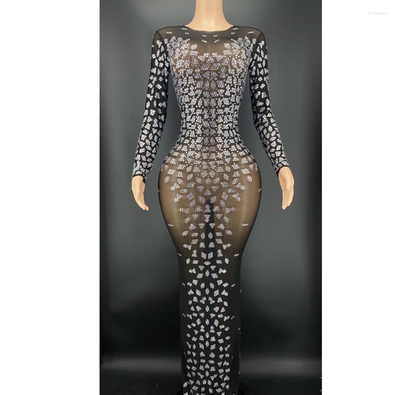 

Stage Wear Rhinestone Sexy Black Transparent Long Sleeves Dress Birthday Prom Costume Sparkly Evening Women Dancer Performance