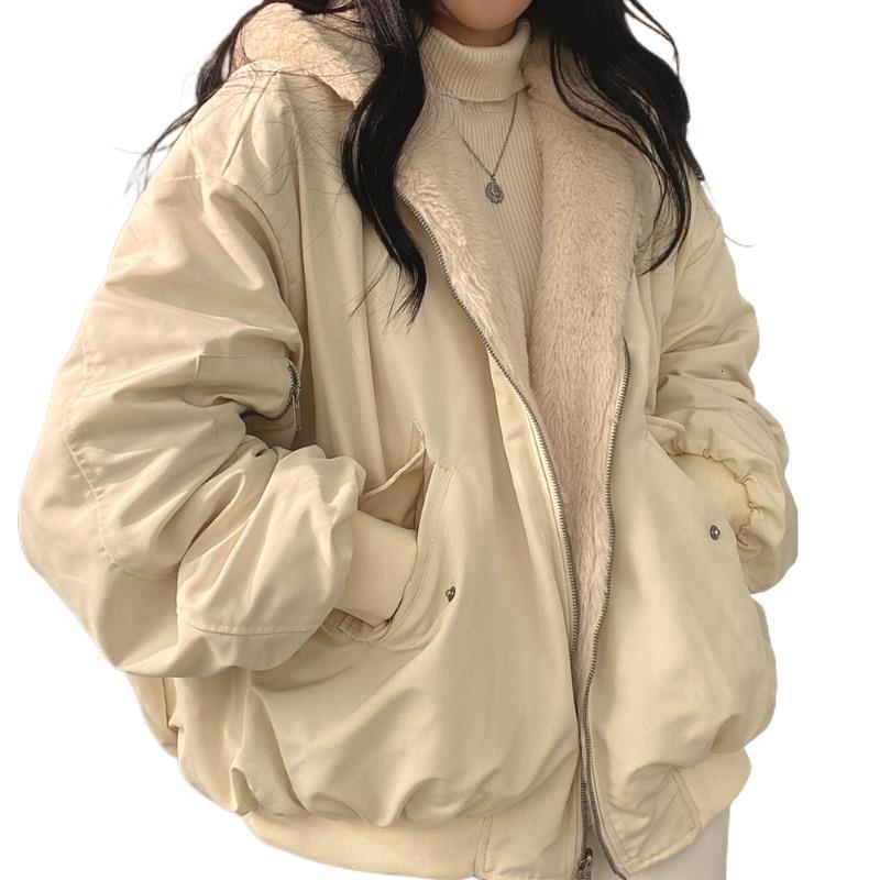 

Women s Jackets Winter Cashmere Thickening Hooded Short Coat On Both Sides Lamb Wool Cotton Wear Chaquetas Y2k Trf 230213, Beige