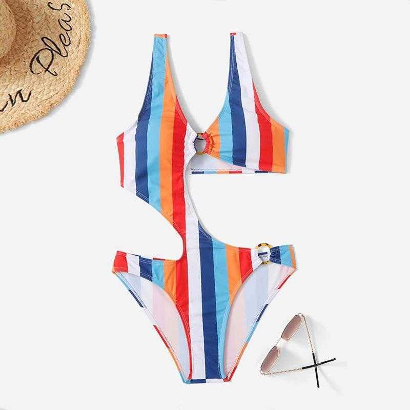 

Striped Hollow Bikini Tight Backless Triangle One Piece Swimsuit For Women, Color