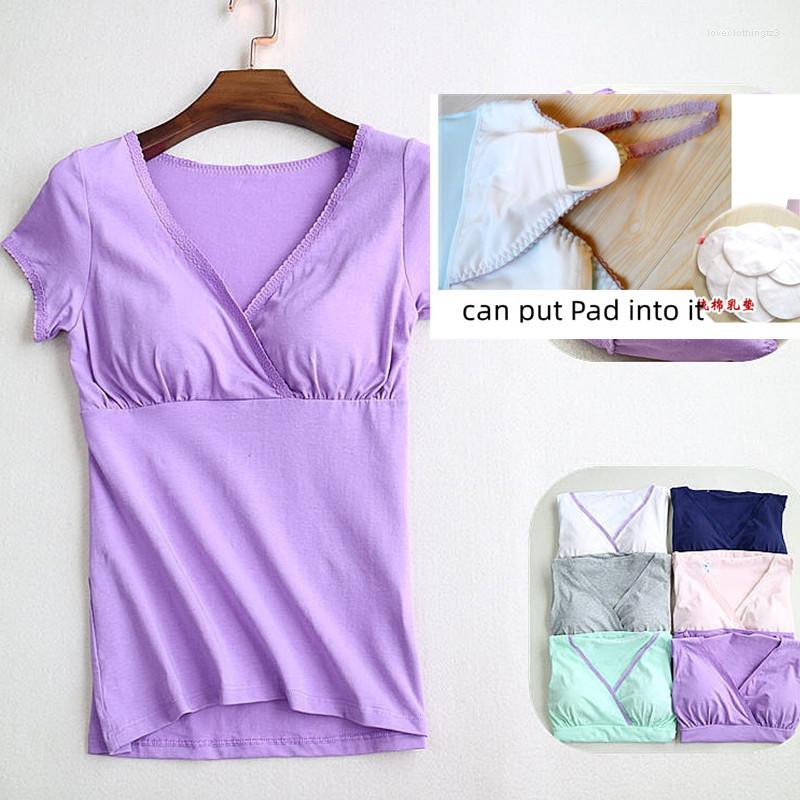 

Women's T Shirts Summer Women Cotton V Neck Fitness Chest Pad GYM Fit Tees T-shirt Lady Wireless Wire Free Bra Tops, White