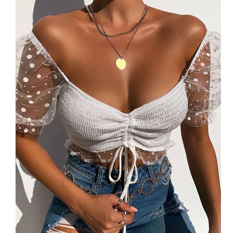 

Women' Blouses & Shirts Summer OL Casual Shirt Female Square Collar Cropped Pullovers Sexy Mesh Short Sleeve Dot Ruched Elastic Tops White, Black