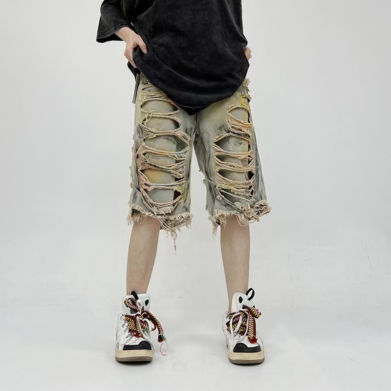 

High Street Hole Frayed Men's Summer Jeans Shorts Wide Leg Cargos Denim Pants
