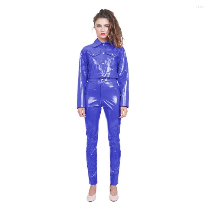 

Women' Two Piece Pants Fashion Womens Glossy PVC Leather Set Shiny Lapel Collar Long Sleeve Jacket High Waist Skinny Legging Clubwear, Black