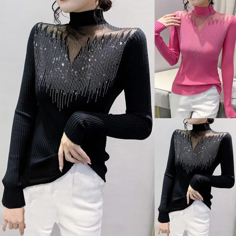 

Women' Sweaters 2023 Designs Spring And Autumn Knitted Lace Pullover High Neck Sparkly Sweater Tops Loose Women, Black