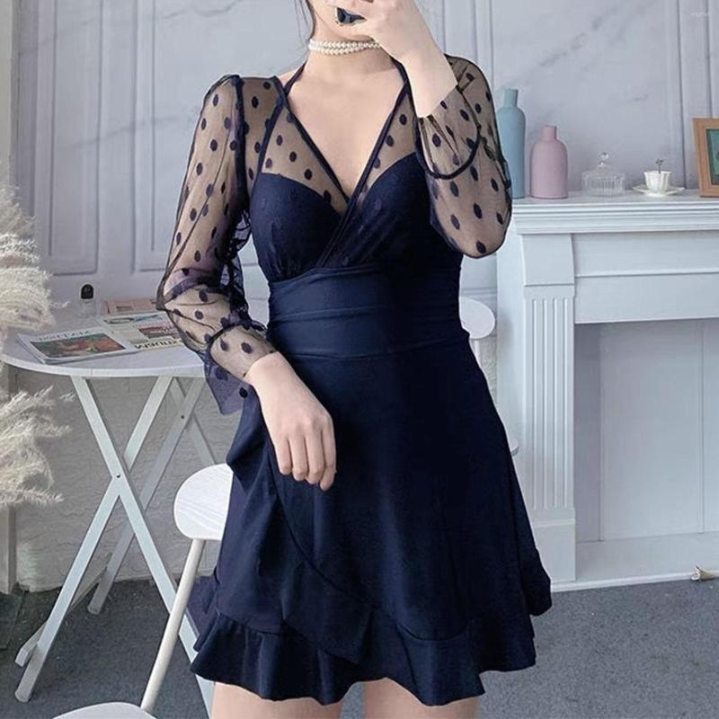 

Women's Swimwear Women Solid Color One-piece Suits Bikini Long Sleeve Lace Up V Neck Steel Support Swimsuit Fashionable Back, White