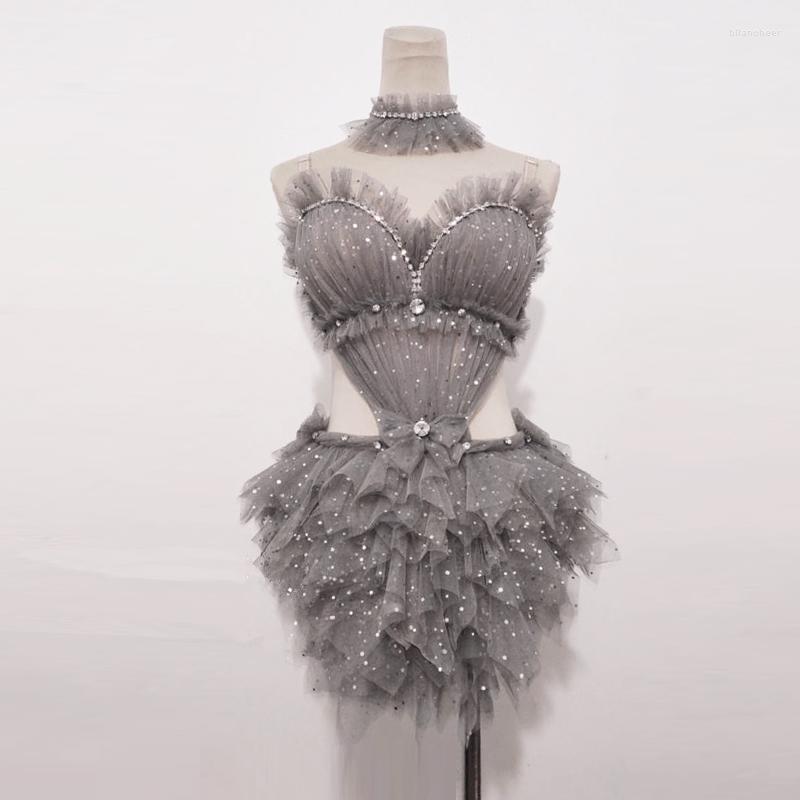

Stage Wear Sexy Hollow Out Mesh Pleated Bodysuit Rhinestone Split Suit Pole Dance Clothes Nightclub Gogo Dancer Costume VDB5911