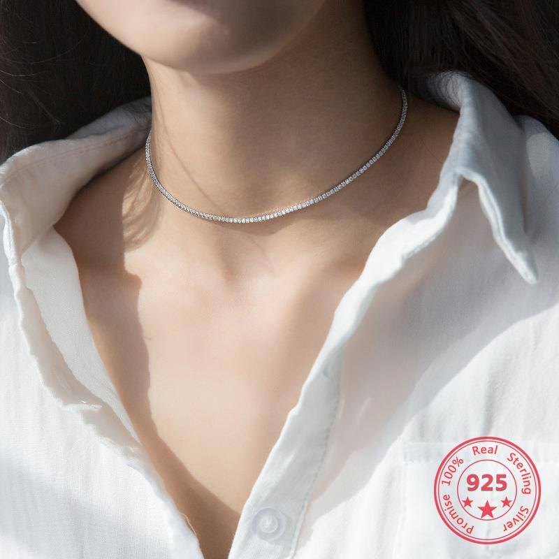 

Chains Design S925 Sterling Silver Jewelry Full Diamond Short Women's Necklace Sweet And Elegant Temperament Style Ladies JewelryChains