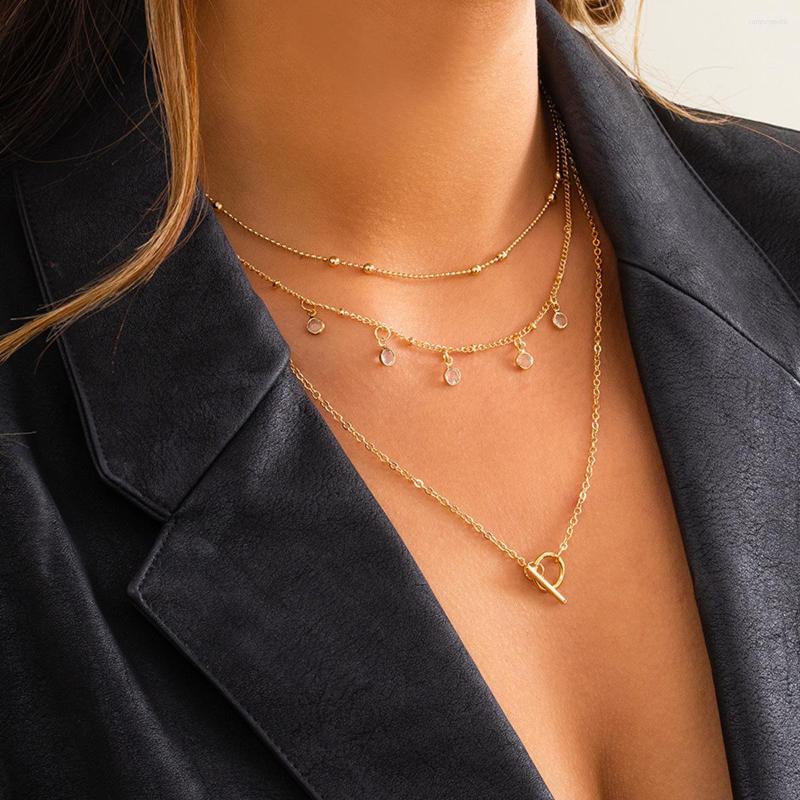 

Chains Boho OT Buckle Metal Necklace Women's Fashion Stacked Ball Beads Geometric Rhinestone Pendant Clavicle Necklaces Girls Jewelry