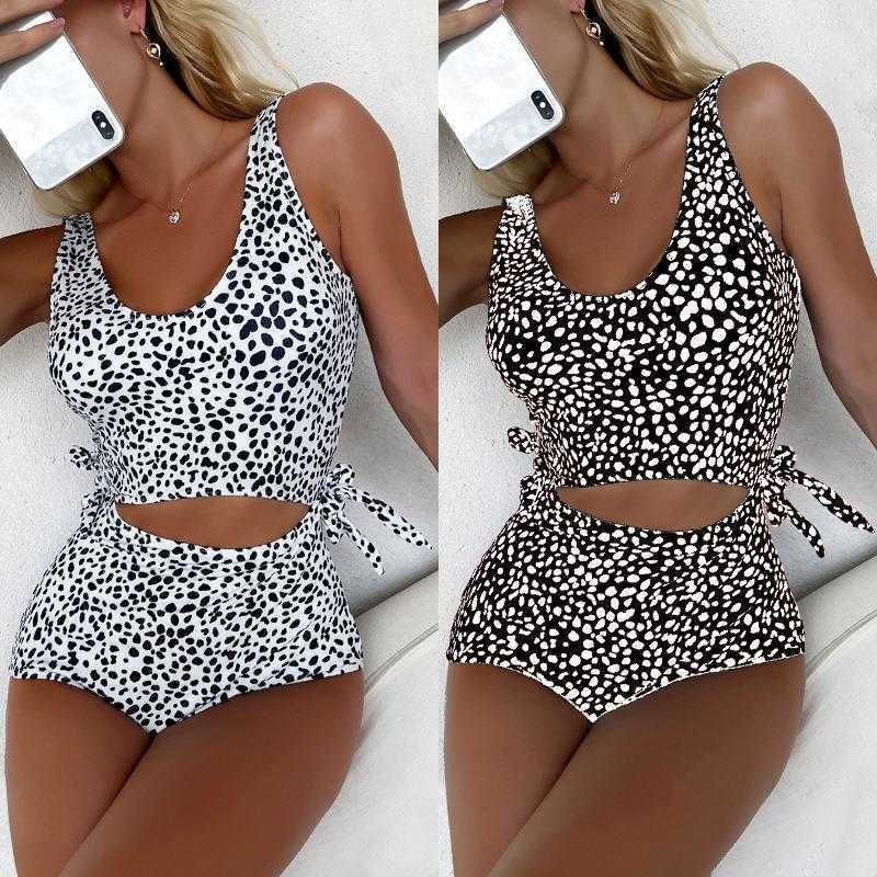 

Retro Dots Printed Hollow Buckle One Piece Bikini Sling Triangle Swimsuit, White spot color