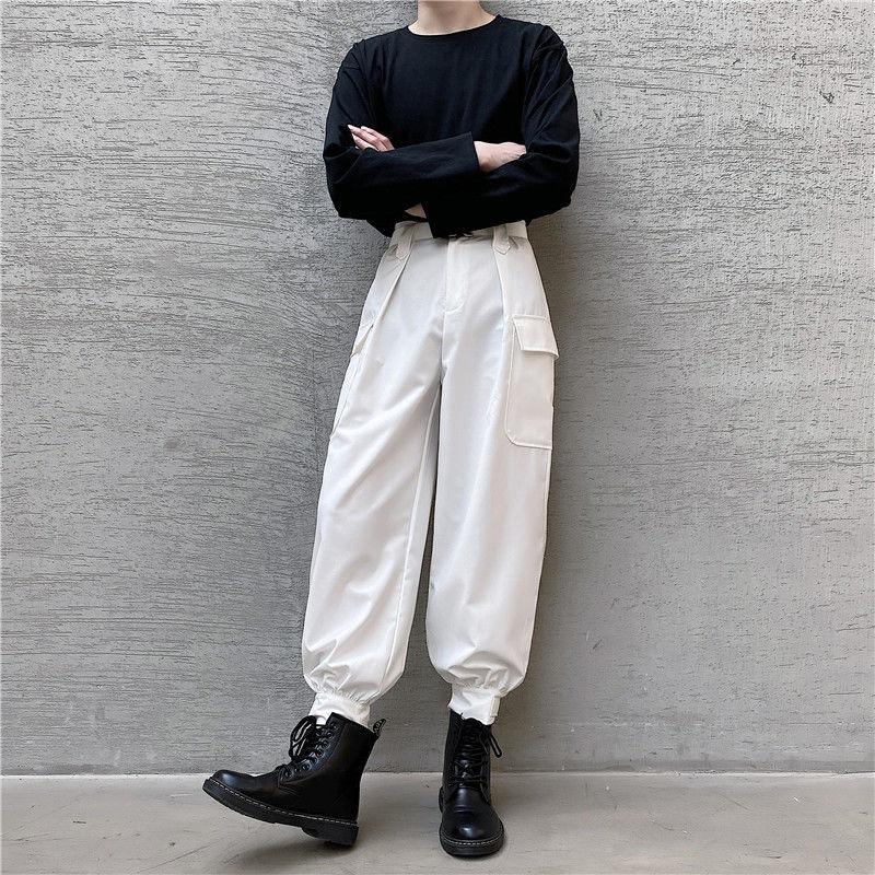 

Men's Pants Autumn 2023 Fashionable Mens Black Trousers Personalized Belt Accessories Workwear Pocket Patchwork Casual 2Y7319