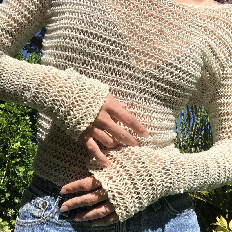 

Women' T Shirts Y2K Aesthetic Retro Women Korean Grunge Hollow Out Crop Top Vintage Knitted See Though Full Sleeve Tees Streetwear, Beige
