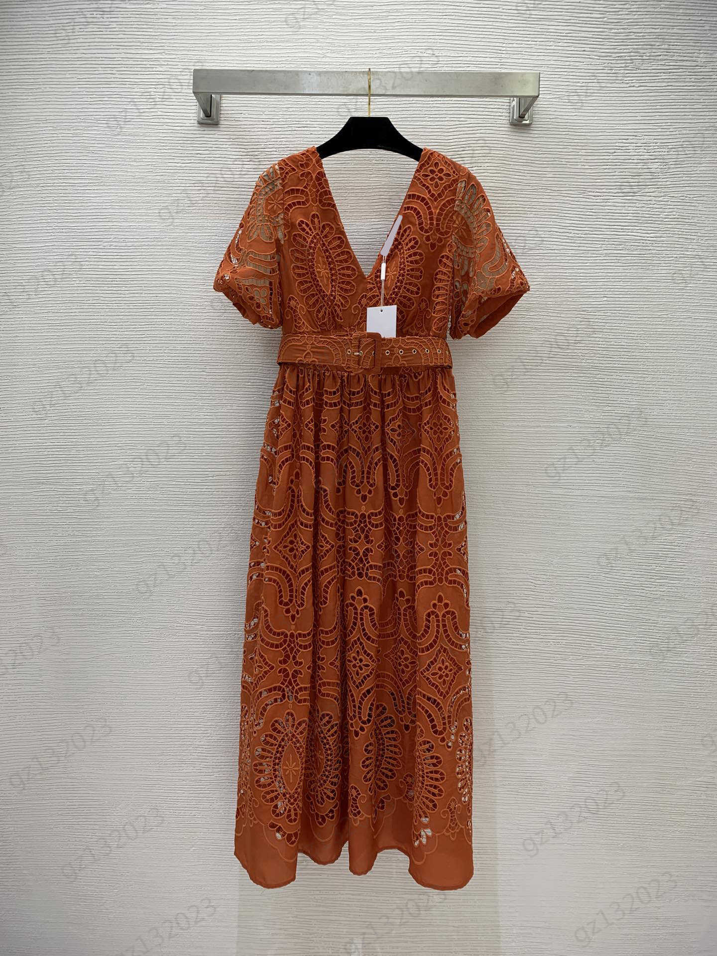 

Bubble Sleeve Dress Custom Fabric Hollowed Out Perspective Design Sexy Dresses Belt Design Pulls High Waist Line Fashion Slimming Maxiskit Dress Women, 14