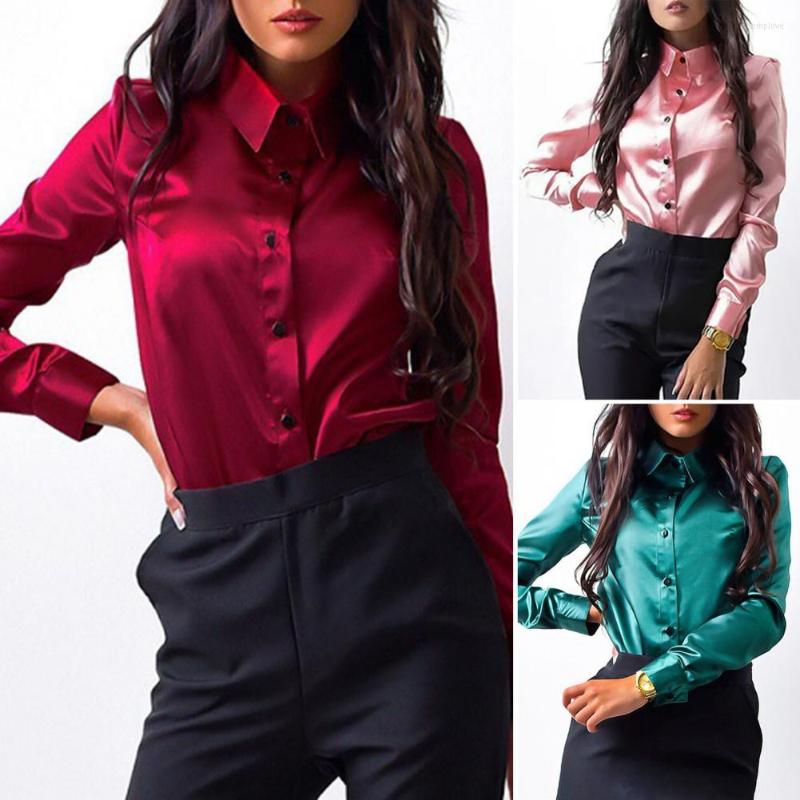 

Women' Blouses Women Spring Shirt OL Style Solid Color Loose Satin Single-breasted Commute Long Sleeves Turn-down Blouse Clothes, Green