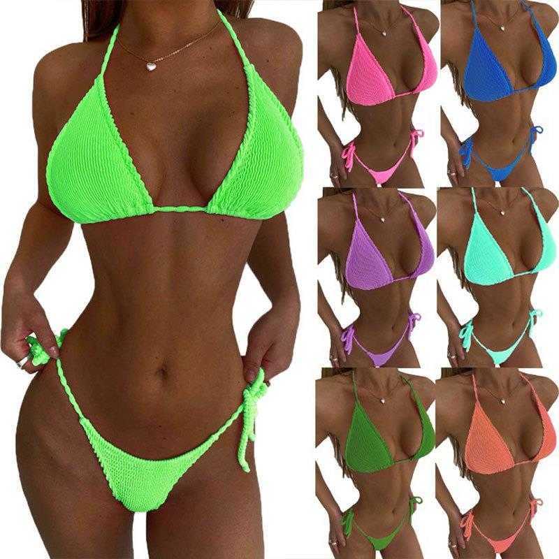 

Multi Color Wrinkle Champray Halter Bikini Womens Lace Up Three Point Split, White