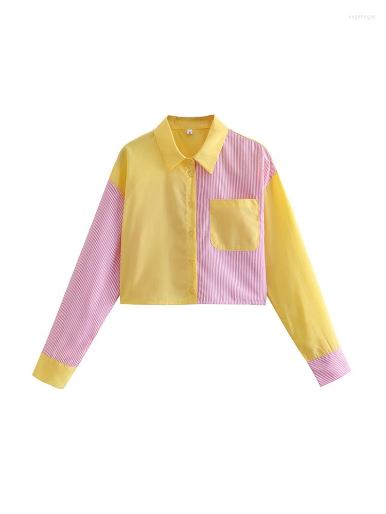 

Women' Blouses Women Shirts Tops 2023 High Street Fashion Color Block Patchwork Cropped Shirt With Pocket Button Up Casual Long Sleeve, Yellow