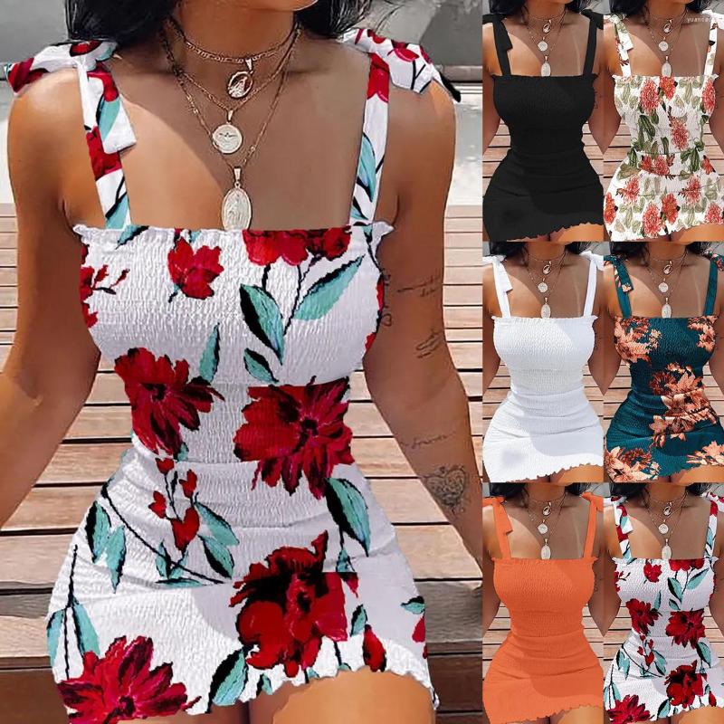 

Casual Dresses Women Ladies Sleeveless Strap Sexy Miniskirt Summer Floral Printed Lace Up Sling Party Solid Dress Tight Club Robe 2023, Black