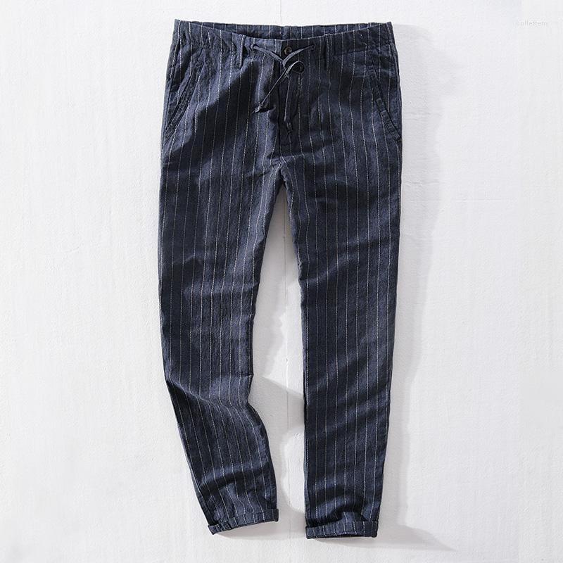 

Men's Pants Suehaiwe's Brand Long Men Linen And Cotton Striped Trousers Loose Casual Blue Mens -40 Size Pantalones Broek, Navy blue