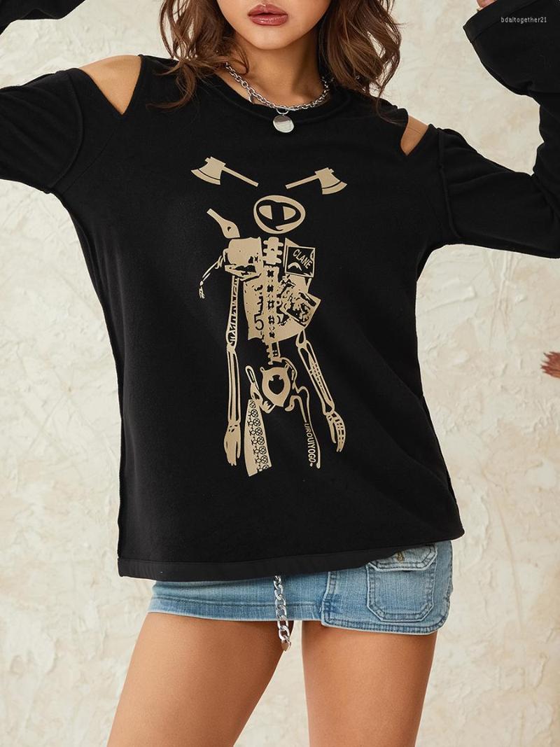 

Women' T Shirts Spring Autumn Women Casual Skeleton Printed T-Shirt Y2K Style Round Neck Long SleeveCold Shoulder Loose Tops Black