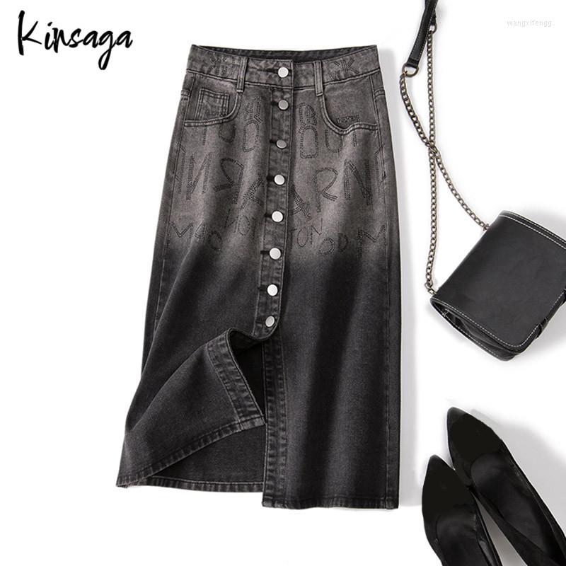 

Skirts Simple Single Breasted Skirt Jeans Women Streetwear Casual High Waist Print Letter Drill Stright Bottoms Madam Slit Midi, Black