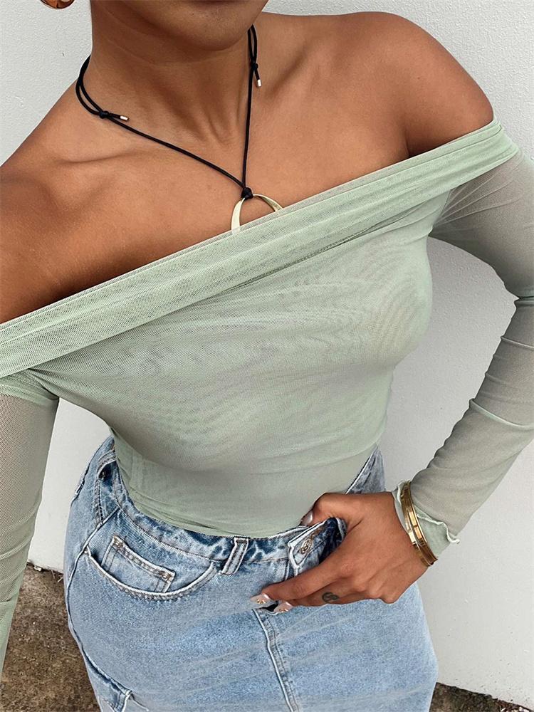 

Women' T Shirts CHRONSTYLE Women Slash Neck Off Shoulder Basic Tees Casual Solid See-Through Mesh Long Sleeve Tops Chic Street Backless, Green