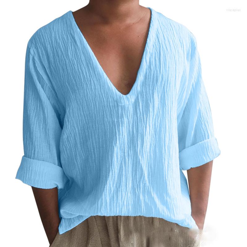 

Men's T Shirts 2023 Spring Casual Loose V Neck Mens T-shirt Cotton Linen Solid Color Long Sleeve Pullovers Men Clothing Leisure Tops, 02 sky blue