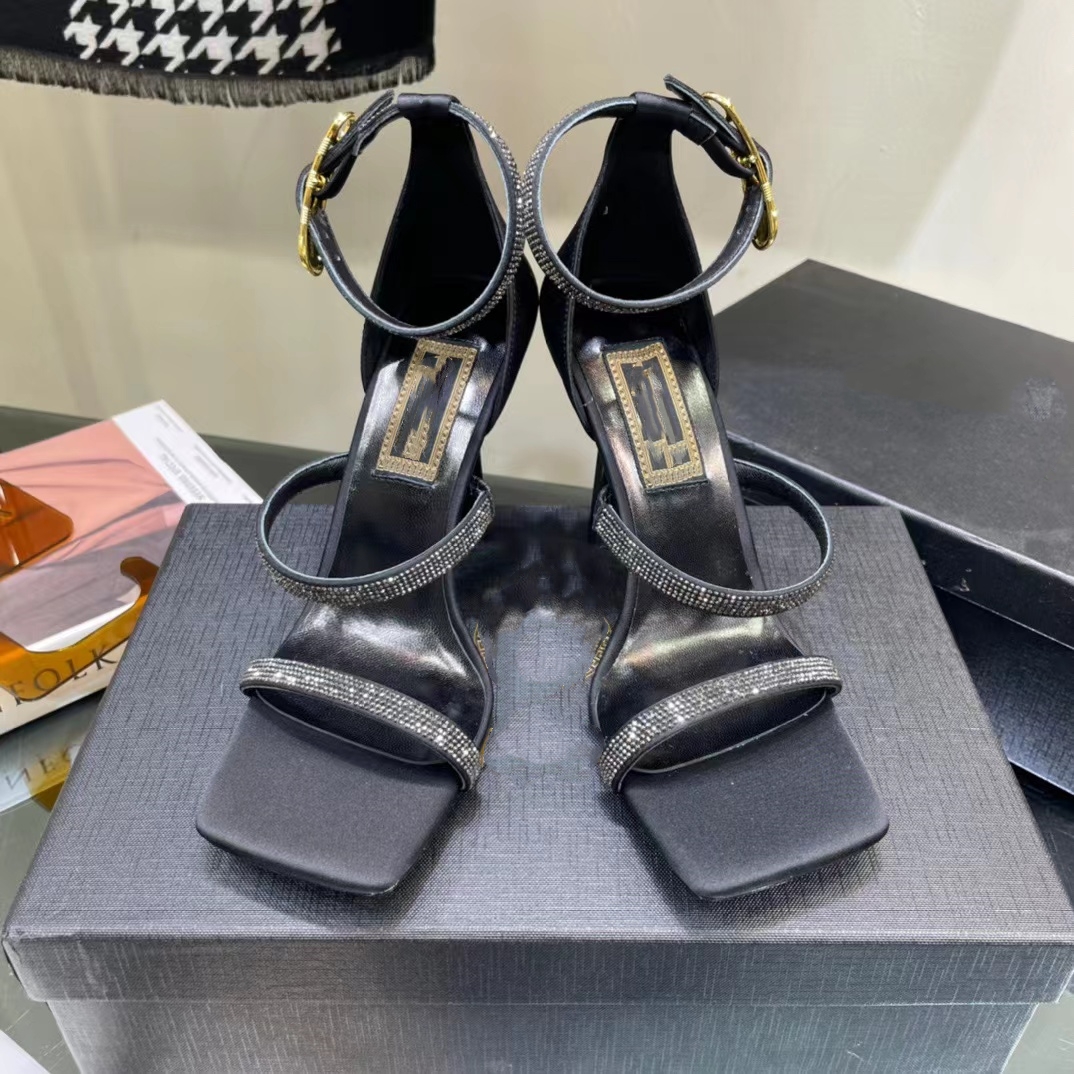 

Formal sandals open toe rhinestone womens black dinner shoes Luxury designer classic Roman style 10.5CM high heel ankle strap thin heel sandals 35-42, Yellow