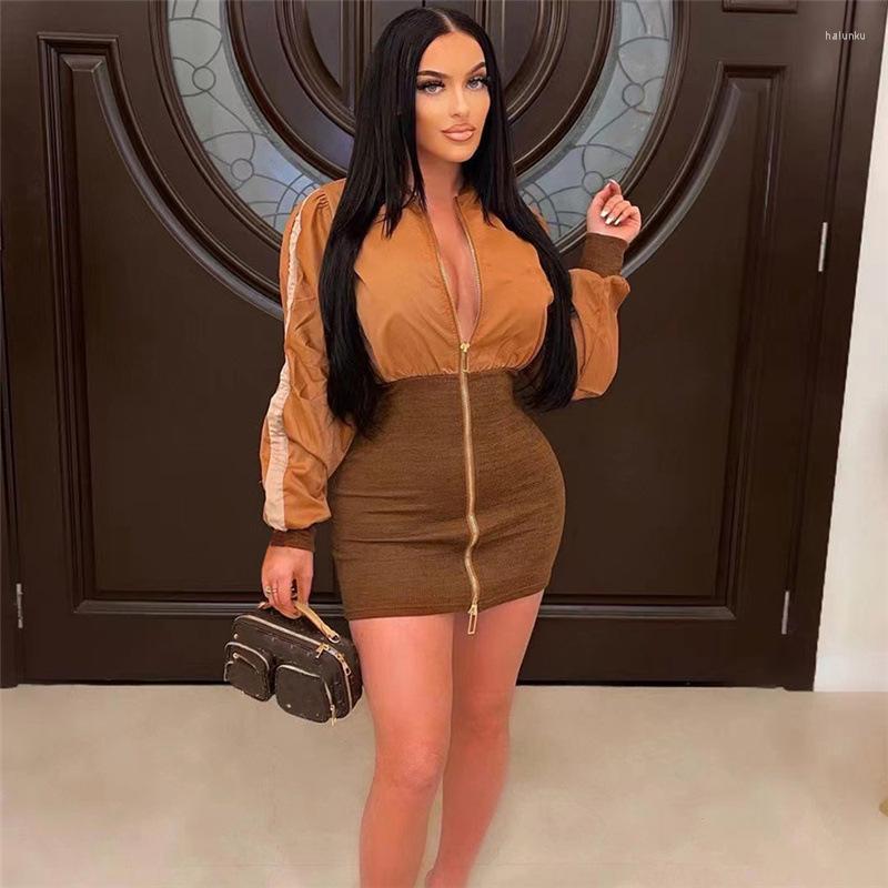 

Casual Dresses Patchwork Jackets Mini Dress Women Long Sleeve Frint Zipper Bodycon Vestidos 2023 Autumn Winter Slim Streetwear, Blue