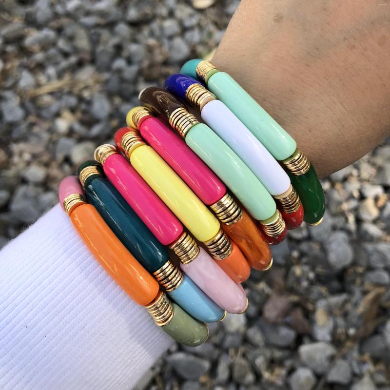 

Strand Colorful Fashion Jewelry Acrylic Bamboo Tube And Gold Disc Mixed Colors Women Bracelets BC389