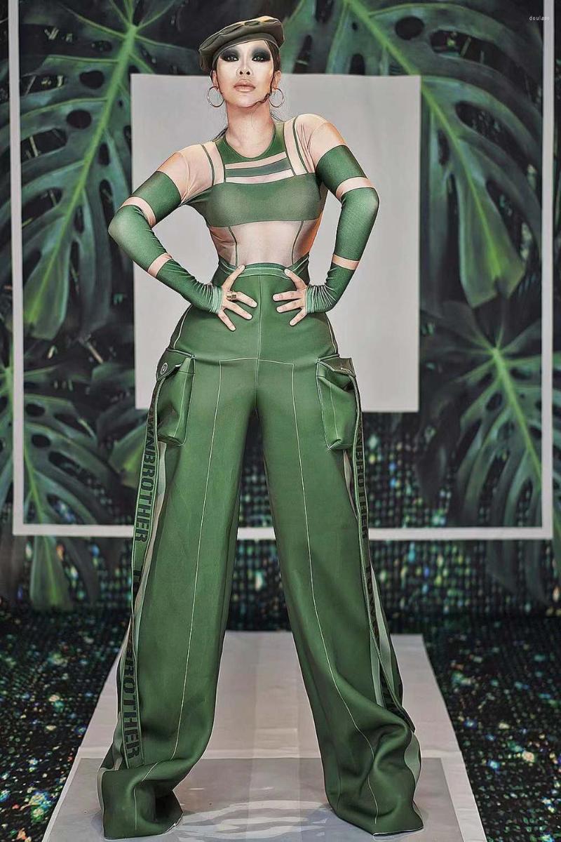 

Stage Wear Women Sexy Green Military Uniform Long Sleeves Bodysuit Nightclub Bar Outfit Dance Costume Jumpsuit