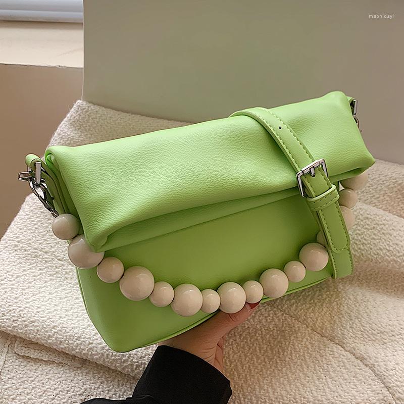 

Evening Bags Vintage Women Bag Soft Leather Clutches Handbag Ladys Beads Chains Shoulder Solid Color Crossbody Fashion Satchels, Green