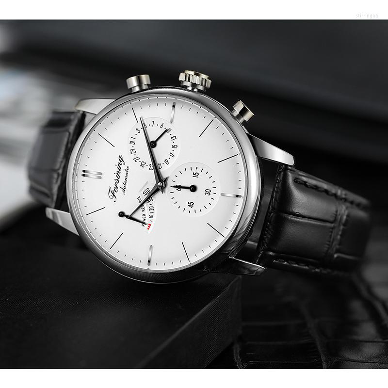 

Wristwatches FOSINING Automatic Watch With Power Reserve Indicator Auto Date Mechanical Male Clock Leather Belt Dress Wristwatch Gift For, Gold