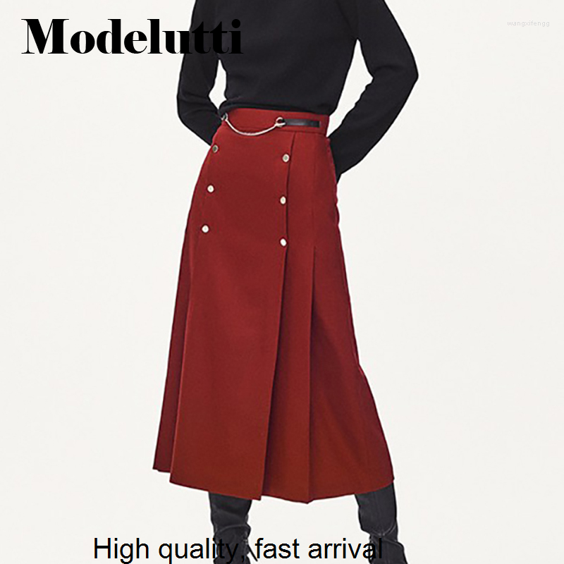 

Skirts Spring 2023 Autumn Fashion Chain Woolen Skirt Buttons Decorate Hip Wrap Women Slim Simple Casual Bottoms Female, Red
