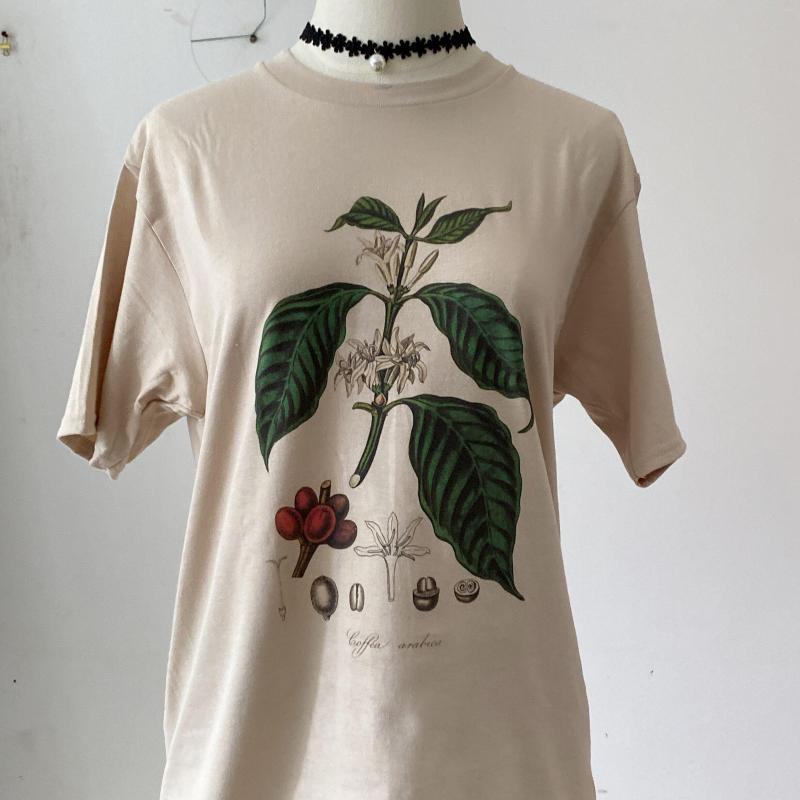 

Women's T Shirts Fashion Summer T-shirt Homme 2023 Coffee Botanical Plant Print Art Botany Bloom Fruit Flower Fun, Gray