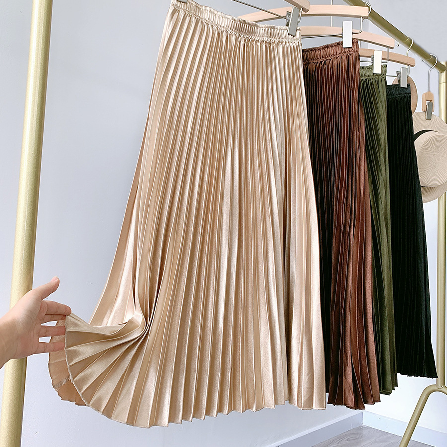 

Skirts High Waist Satin Pleated Skirt SS0036 Autumn Solid Color Black Pink Blue White Long Skirt for Women 230213