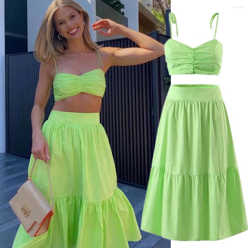 

Work Dresses Dave&Di High Wasit A-line Midi SKirts Sets Women Ins Fashion Blogger Vintage Fluorescent Green Pleated Camisole Short Tops