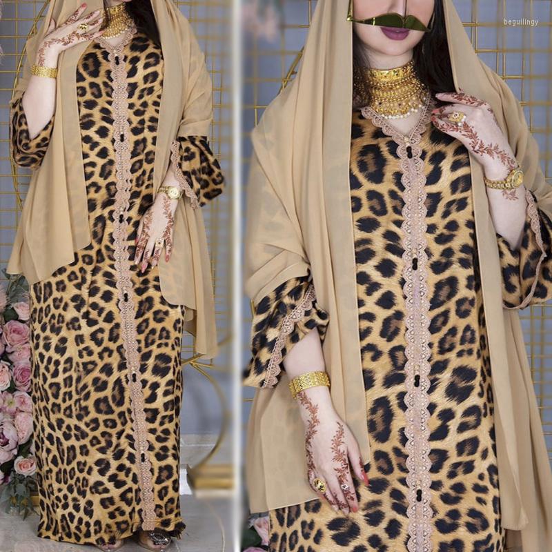

Ethnic Clothing 2023 Muslim Maxi Dress Leopard Print Women Lace Loose Arabic Dubai Islamic