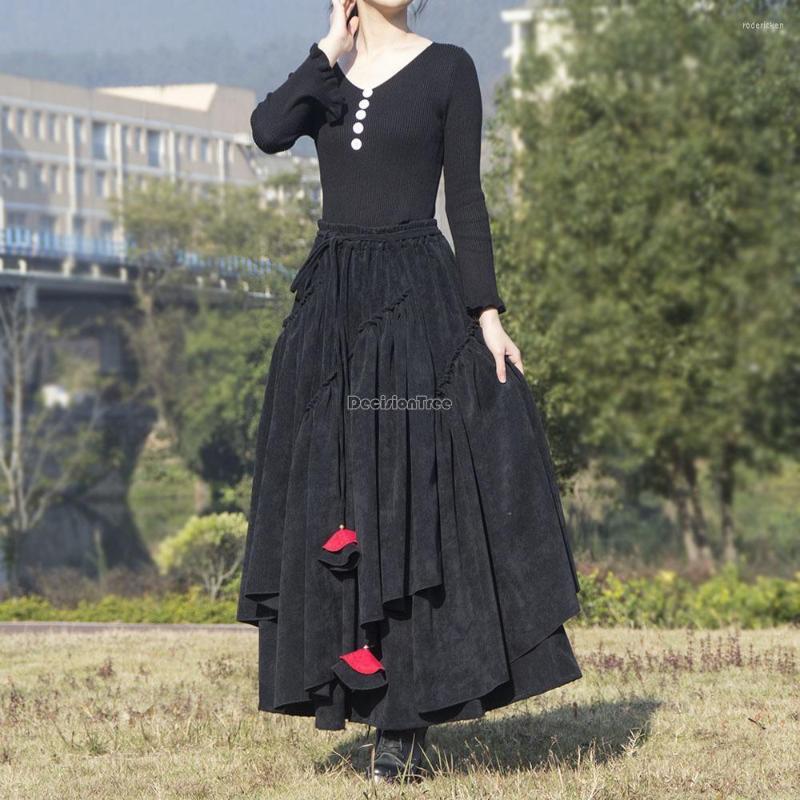 

Ethnic Clothing 2023 Winter Corduroy Skirt Thickened Chinese Style High Waist Lace-up Elastic Elegant Women Daily G976