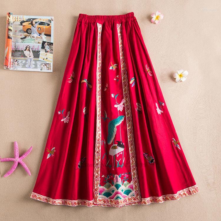 

Ethnic Clothing 2023 Traditional Chinese A-line Skirt Flower Embroidery Cotton Linen Harajuku Women Retro National Folk Dance