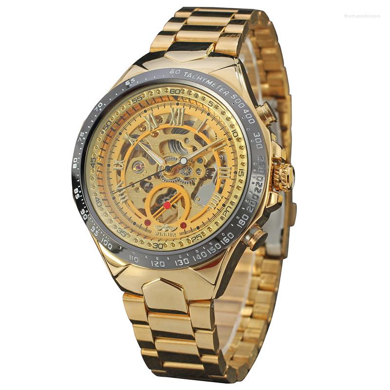 

Wristwatches Sport Design Bezel Golden Watch Mens Watches Luxury Montre Homme Clock Men Automatic Self Wind Skeleton Relogio Masculino, Gold