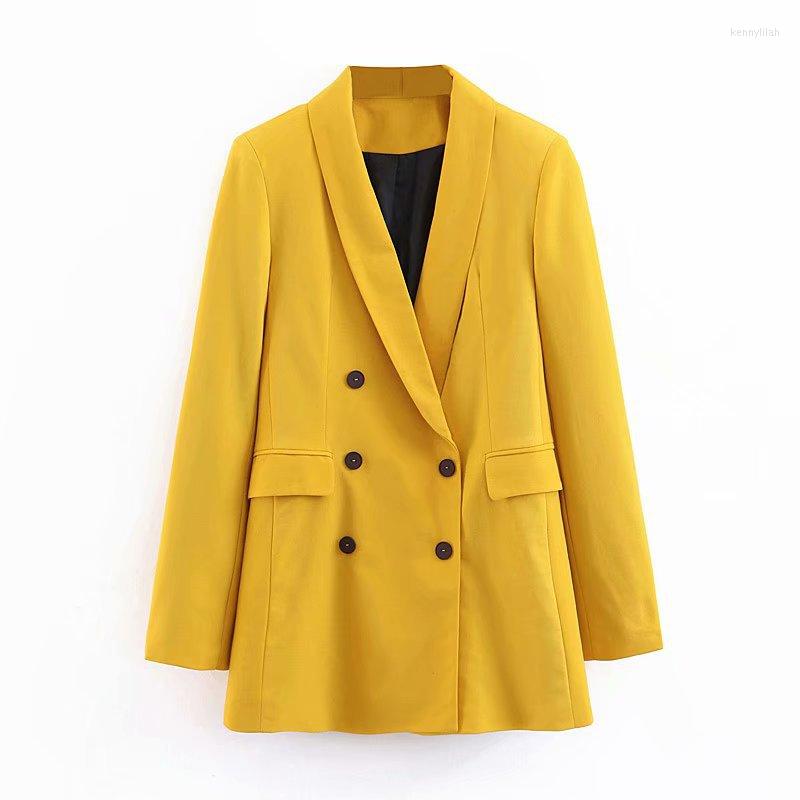 

Women' Suits Street Fashion Yellow Commute Blazers Women Solid Colors Mid Length Double Breasted Suit 2023 Spring Autumn Vintage Indie