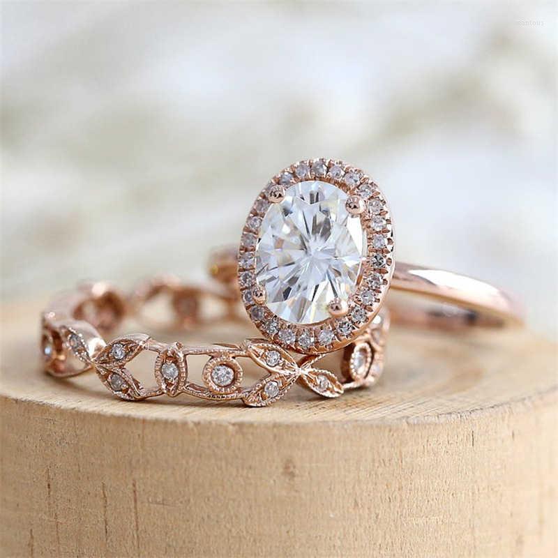 

Wedding Rings Fashion White Zircon Cut Finger RIng 2Pcs CZ Engagement Set Elegant Oval Rose Gold Color Jewelry For Women