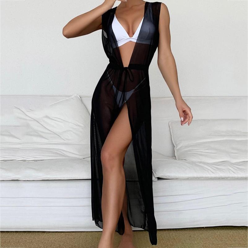 

Women's Swimwear Black Sleeveless Beach Cover Up Plus Size Beachwear Long Maxi Dress Women Tunic Pareo V Neck Robe Bathing Suit