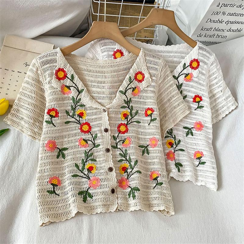 

Women's Blouses & Shirts 2023 Spring Summer Floral Embroidery Crochet Lace Shirt Crop Top Boho Bohemian Blouse Women Short Sleeve Vintage Bl, White